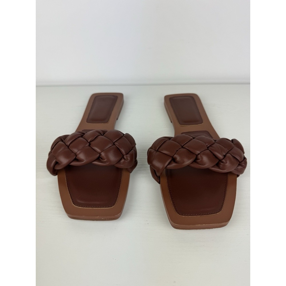 Womens Brown Braided Slide Sandals Square Toe Slip On Flats Size 11 Woven Strap